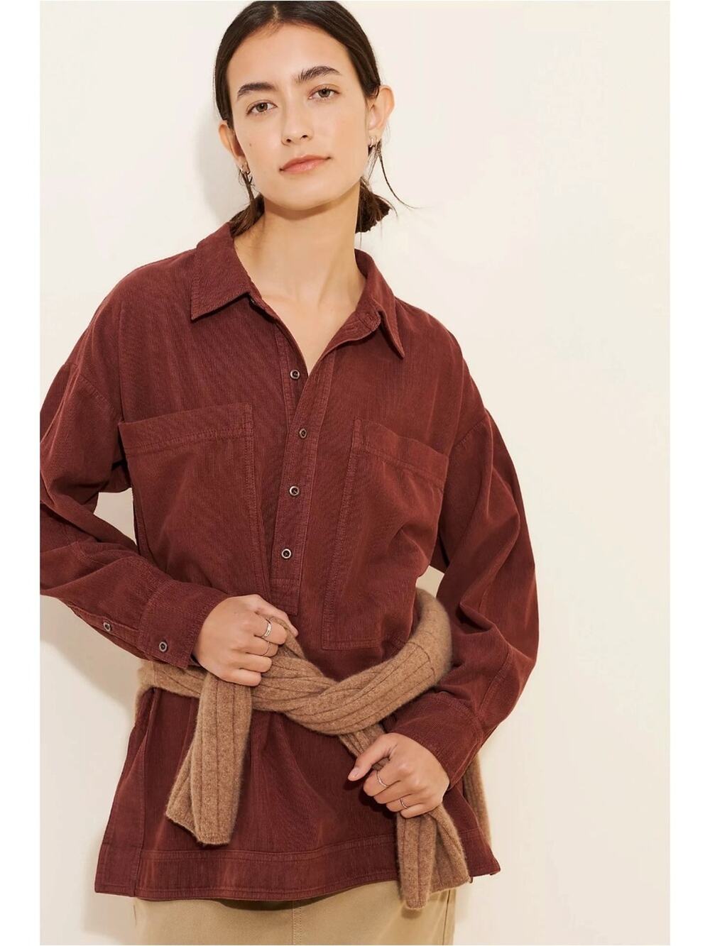 Anthropologie Pilcro Corduroy Popover Tunic Top in Brown Large 70s Fall Bohemian
